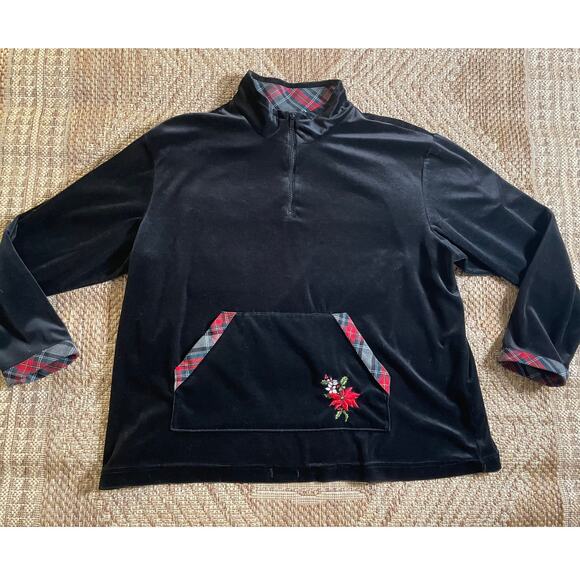 other Tops - 90s Black Poinsettia Embroidered detail Velour Pullover with Plaid contrast
